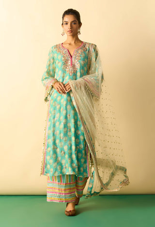 Aqua gold booti striped festive kurta set