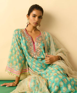 Aqua gold booti striped festive kurta set