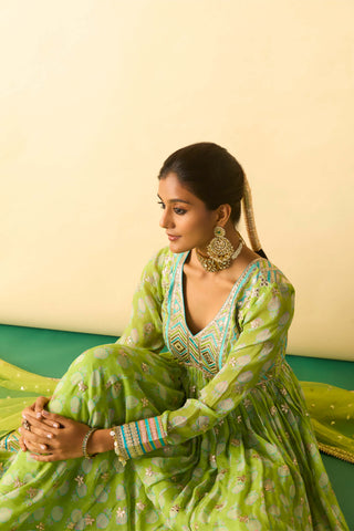 Lime green embroidered booti anarkali set