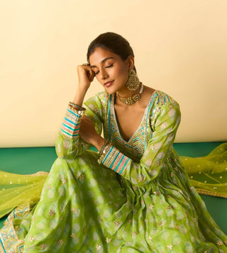 Lime green embroidered booti anarkali set
