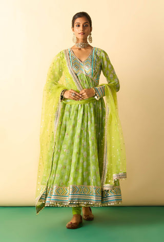 Lime green embroidered booti anarkali set