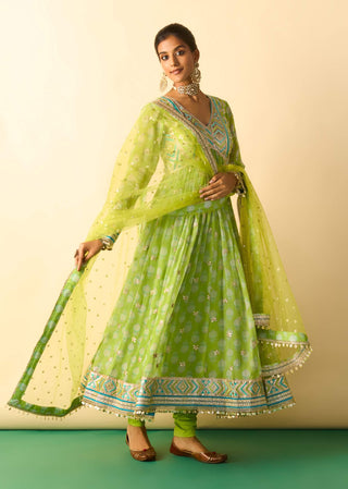 Lime green embroidered booti anarkali set
