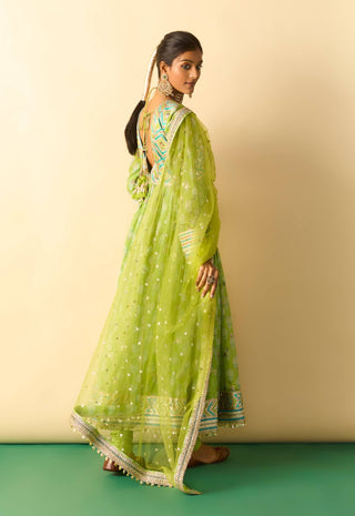 Lime green embroidered booti anarkali set