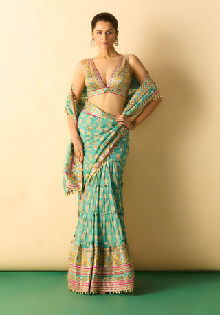 Aqua tiered sharara sari and blouse