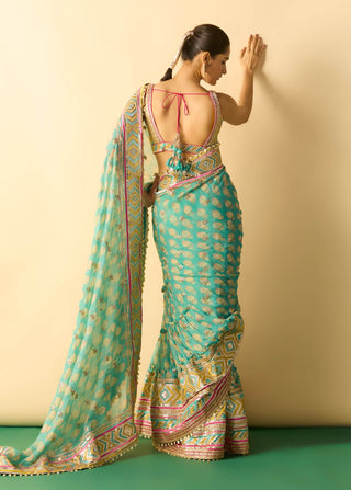Aqua tiered sharara sari and blouse