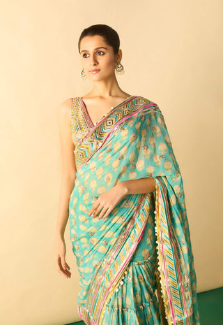 Aqua tiered sharara sari and blouse