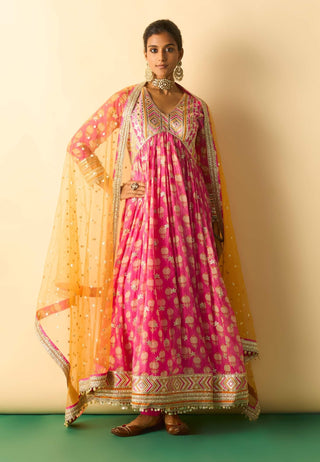 Pink embroidered booti anarkali set