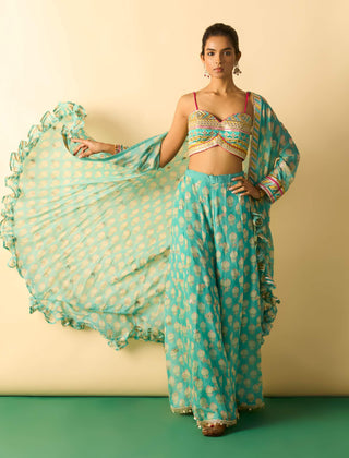 Aqua gold booti brocade cape sharara set
