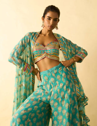 Aqua gold booti brocade cape sharara set