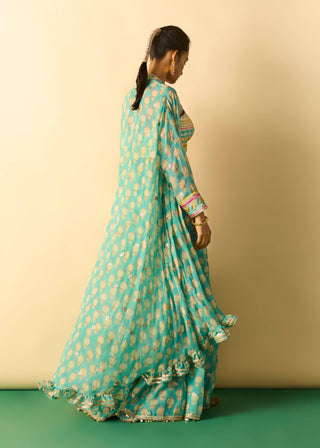 Aqua gold booti brocade cape sharara set