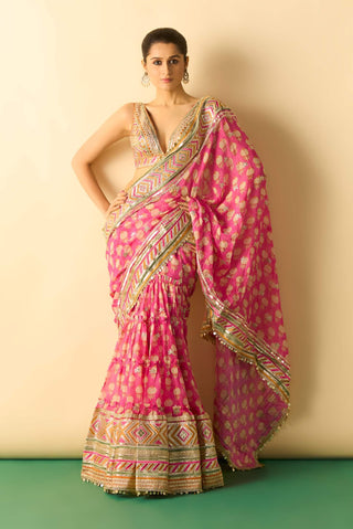 Pink tiered sharara sari fusion set