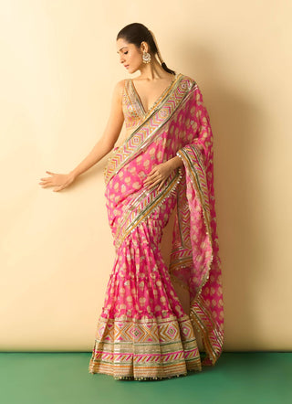Pink tiered sharara sari fusion set