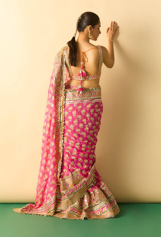 Pink tiered sharara sari fusion set
