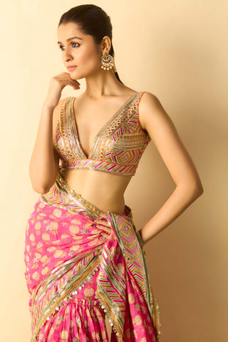 Pink tiered sharara sari fusion set