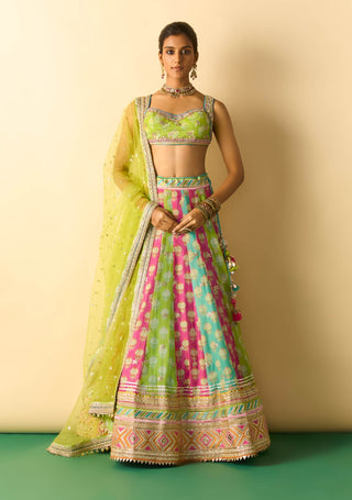 Multicolor panelled gold booti lehenga set