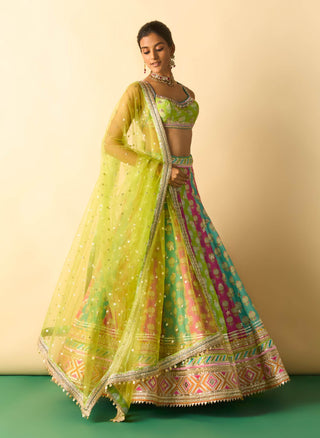 Multicolor panelled gold booti lehenga set