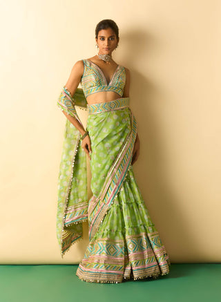 Lime green tiered sharara sari fusion set