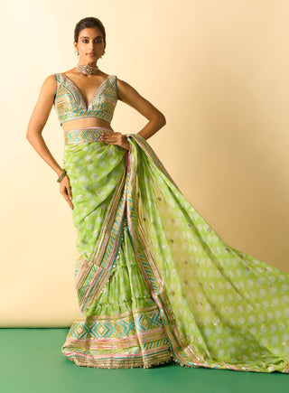 Lime green tiered sharara sari fusion set