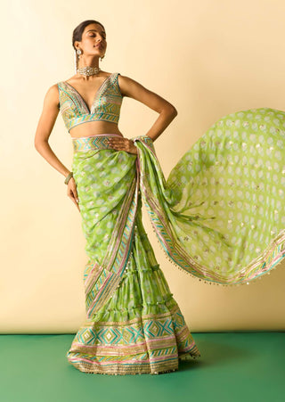 Lime green tiered sharara sari fusion set