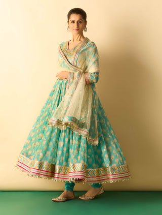 Aqua embroidered booti anarkali set