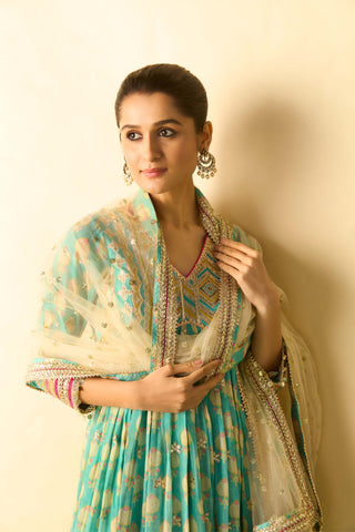 Aqua embroidered booti anarkali set
