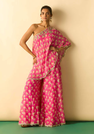 Rani pink floral foil one-shoulder fusion set