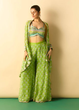 Lime green gold booti brocade cape sharara set