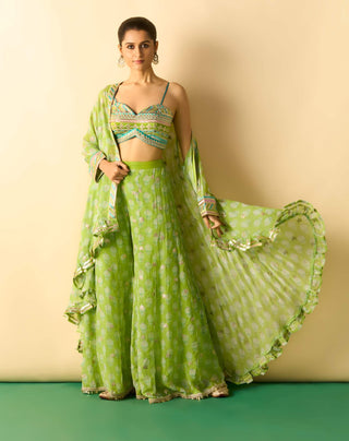 Lime green gold booti brocade cape sharara set