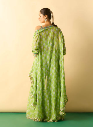Lime green gold booti brocade cape sharara set