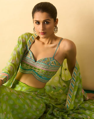 Lime green gold booti brocade cape sharara set
