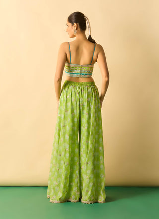 Lime green gold booti brocade cape sharara set