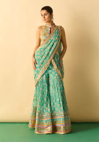 Aqua ivory polka dot sari and blouse