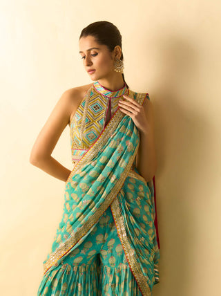 Aqua ivory polka dot sari and blouse
