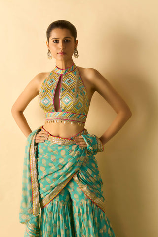 Aqua ivory polka dot sari and blouse