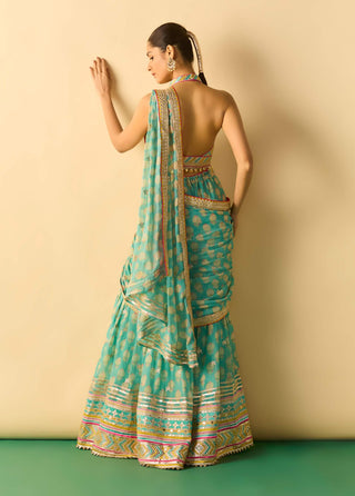 Aqua ivory polka dot sari and blouse