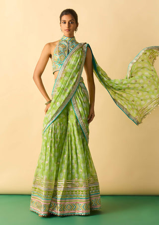 Lime green ivory polka dot sari and blouse