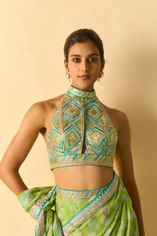 Lime green ivory polka dot sari and blouse