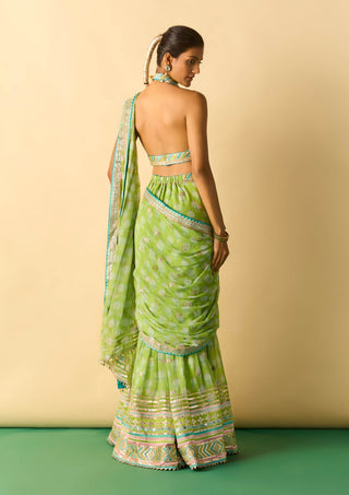 Lime green ivory polka dot sari and blouse