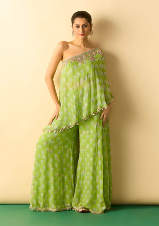 Lime green floral foil one-shoulder fusion set
