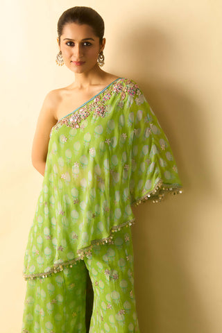 Lime green floral foil one-shoulder fusion set