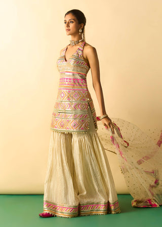 Ivory metallic embroidered halter sharara set