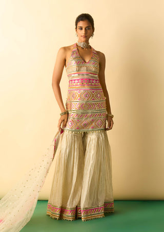 Ivory metallic embroidered halter sharara set
