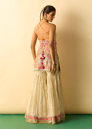 Ivory metallic embroidered halter sharara set