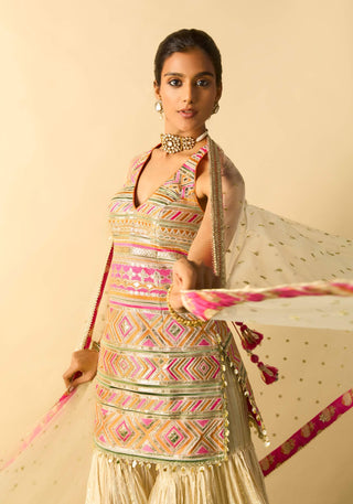 Ivory metallic embroidered halter sharara set