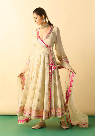 Ivory beige angrakha embroidered anarkali set