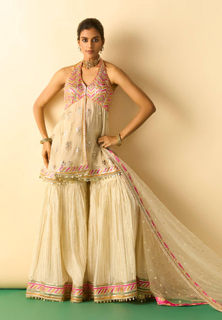 Ivory pink embroidered halter sharara set
