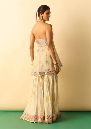 Ivory pink embroidered halter sharara set