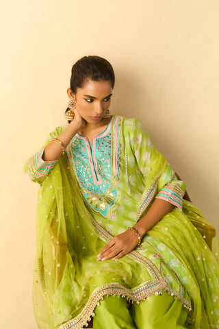 Lime green aqua embroidered high-low fusion set