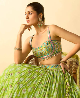 Lime green ivory micro-dot lehenga set