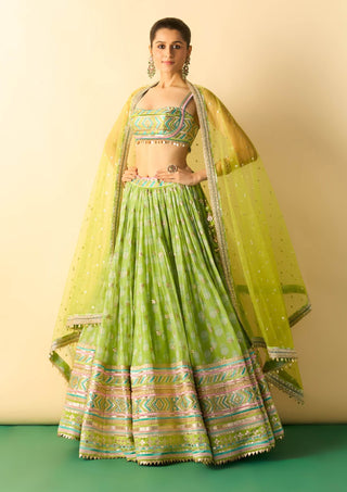 Lime green ivory micro-dot lehenga set